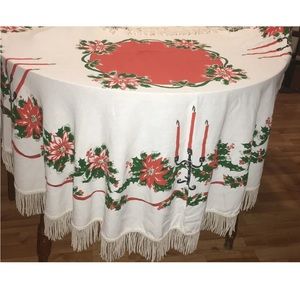 Vintage Christmas Tablecloth Cotton Fringed 55” Round Poinsettias Candelabras